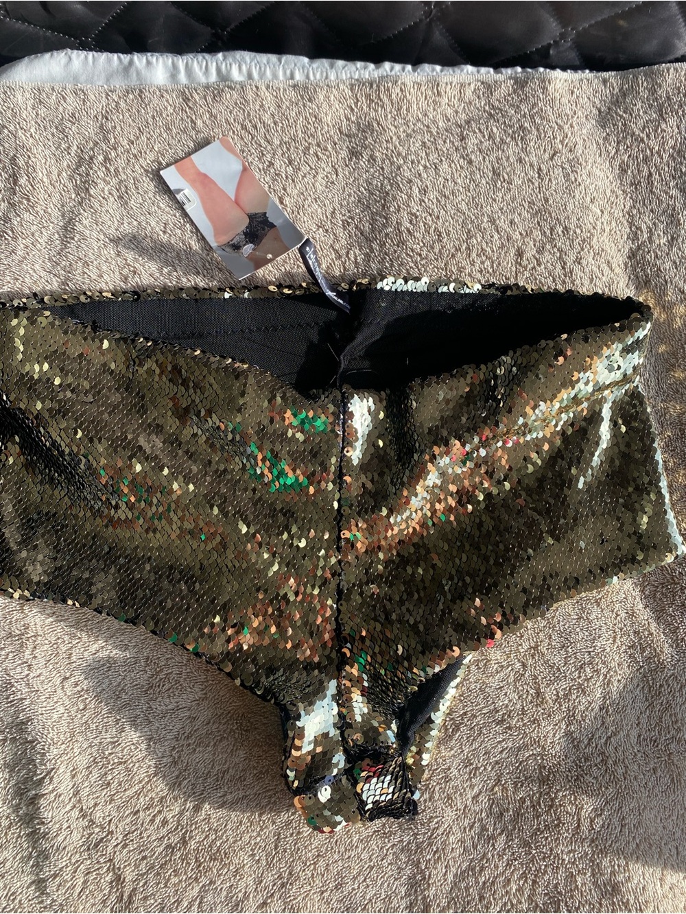 NWT Body Rage Khaki Green/Gold Sequin Rave Booty Shorts - Size S/M